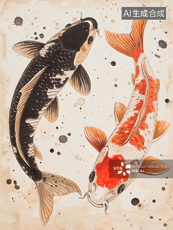 【AI数字艺术】年画 两只鲤鱼图片素材
