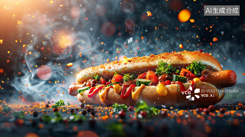 【AI数字艺术】热狗配有番茄酱芥末和烤面包上的蔬菜图片素材