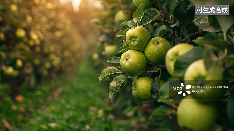 【AI数字艺术】果园里挂满青苹果的树枝的特写镜头图片素材