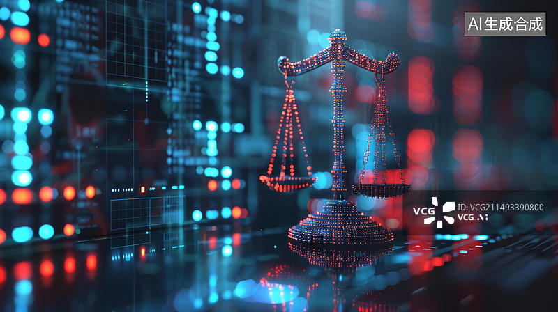 【AI数字艺术】渲染的红色和蓝色正义女神像背景为数字背景图片素材
