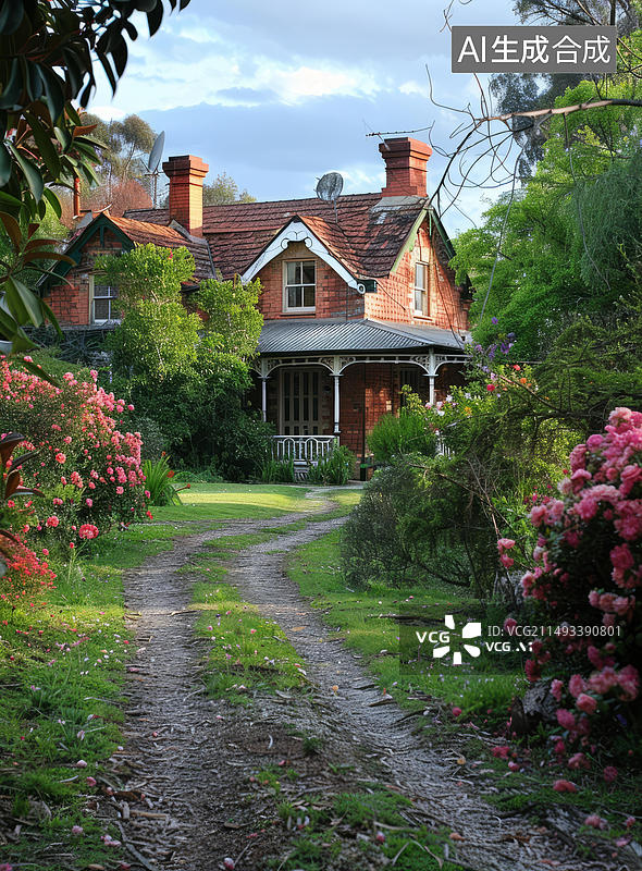 【AI数字艺术】迷人的砖砌小屋周围环绕着郁郁葱葱的花园图片素材