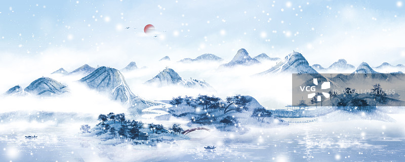 水墨山水画群山峻岭图-冬图片素材