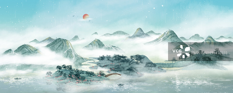 水墨山水画群山峻岭图图片素材