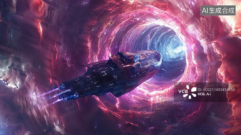 【AI数字艺术】科幻主题插画——一艘太空船在太空旅行，正在穿越虫洞图片素材