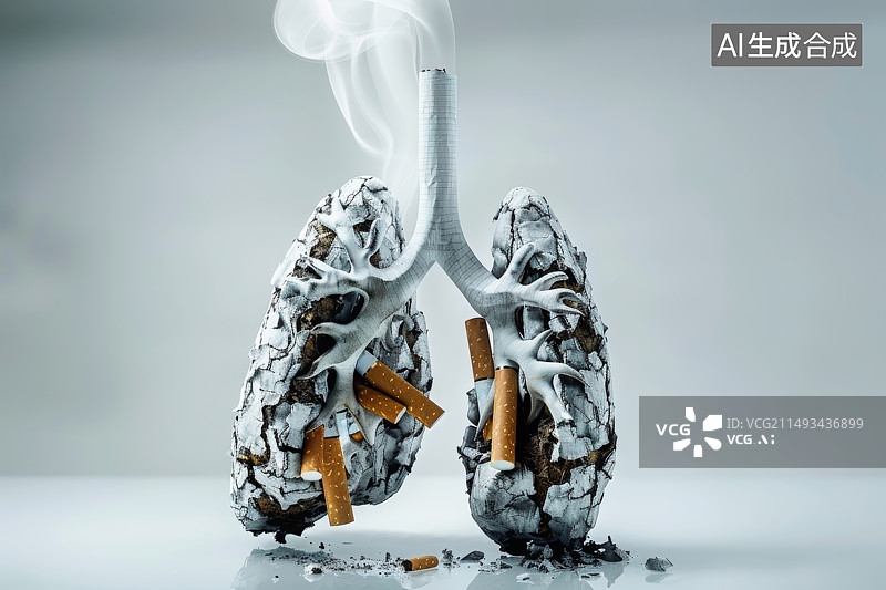 【AI数字艺术】香烟和烟蒂组成肺形状的照片，抽烟有害健康概念图片素材