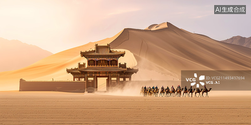 【AI数字艺术】古城沙漠上行进的驼队——丝绸之路和一带一路概念图片素材