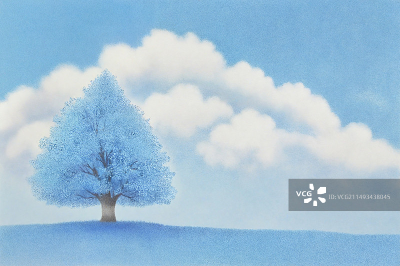 户外自然大树草地蓝色天空太阳夏日夏天旅游治愈系漫画彩铅插画唯美意境背景手绘图片素材