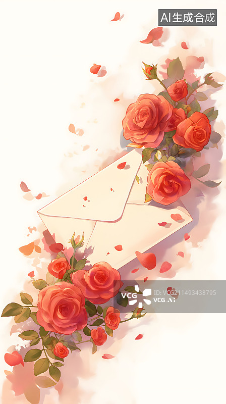 【AI数字艺术】竖版水彩手绘卡通风格玫瑰和信封插画图片素材