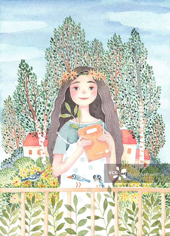 水彩插画手绘人物 花园里学习的女孩图片素材
