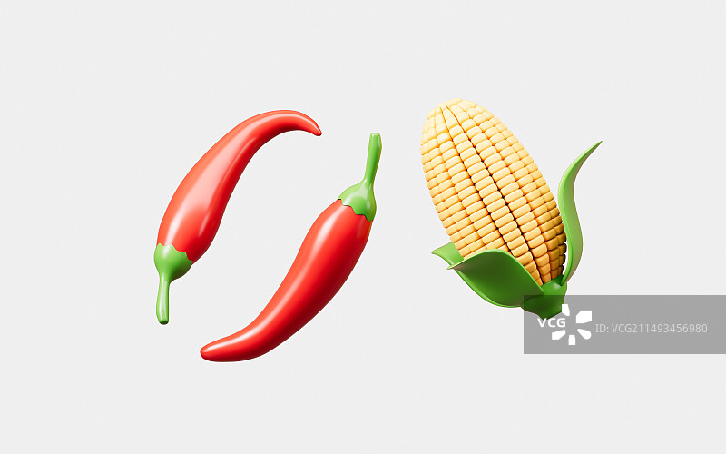 卡通玉米和红辣椒组合3D渲染图片素材