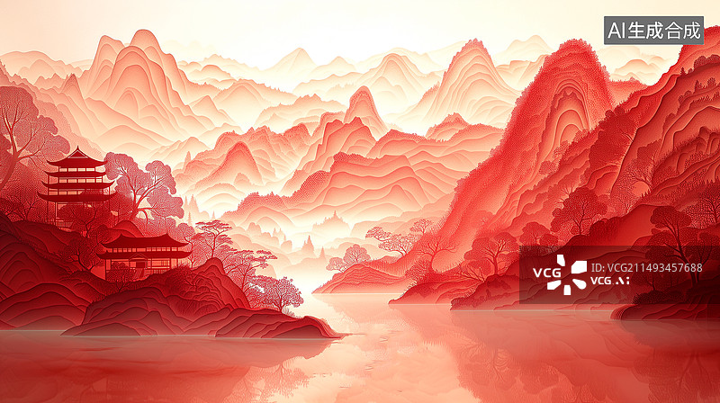 【AI数字艺术】高山湖面建筑红色发光剪纸插画图片素材