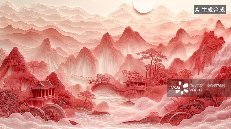 【AI数字艺术】中式云海高山建筑风景剪纸插画图片素材