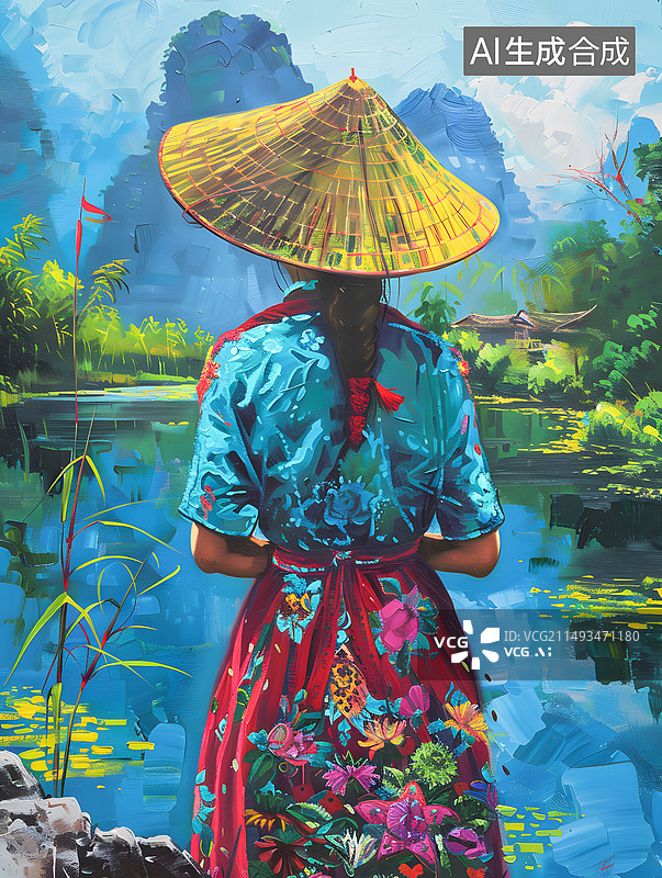 【AI数字艺术】穿着民族服饰戴着笠帽的女人图片素材