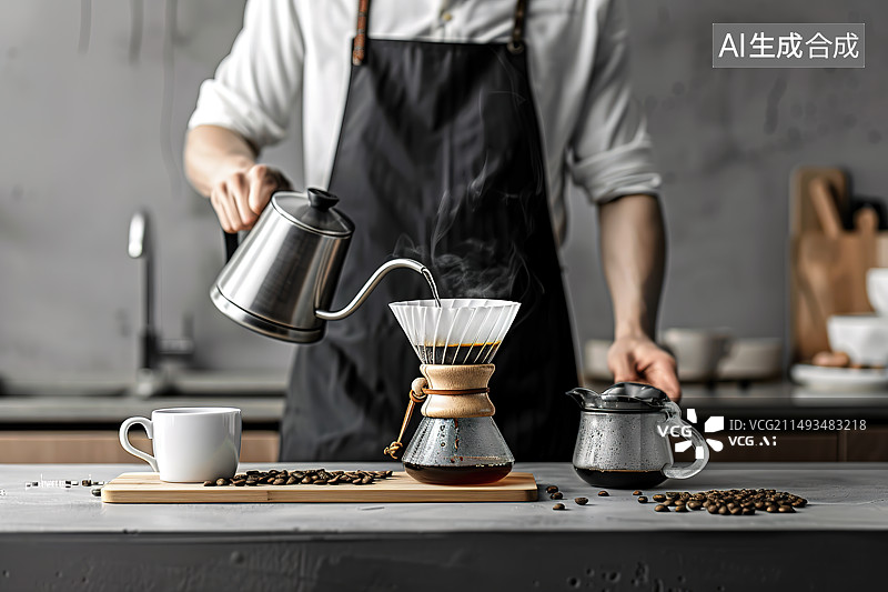 【AI数字艺术】咖啡师制作手冲咖啡过程图片素材