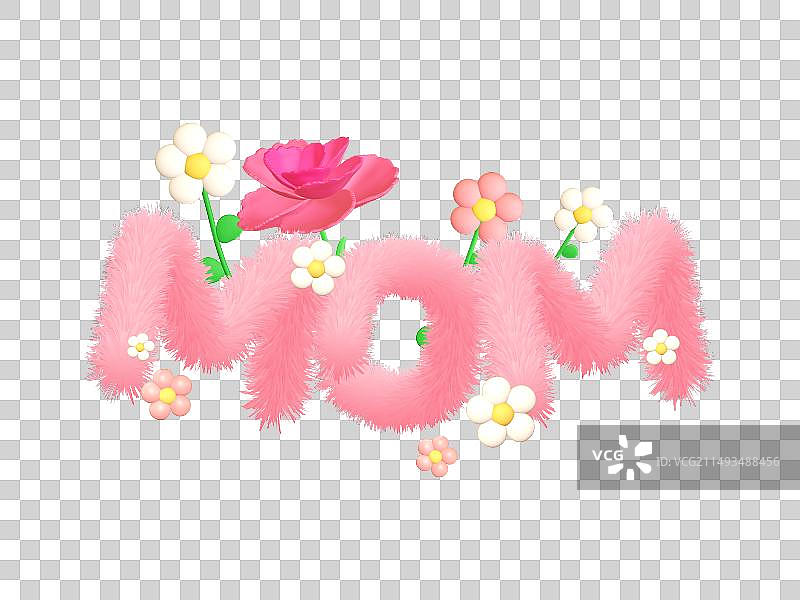 母亲节3D毛绒绒mom艺术字体与3D康乃馨花朵元素。图片素材