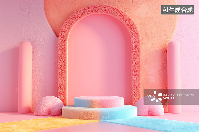 【AI数字艺术】3d卡通的毛绒玩具展台电商背景插画图片素材