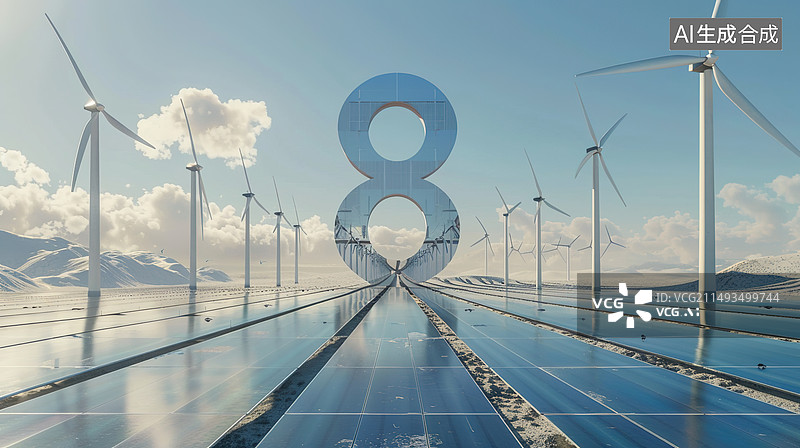 【AI数字艺术】数字8风车发电机太阳能板图片素材