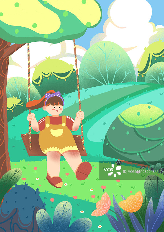 儿童节快乐荡秋千扁平风插画图片素材