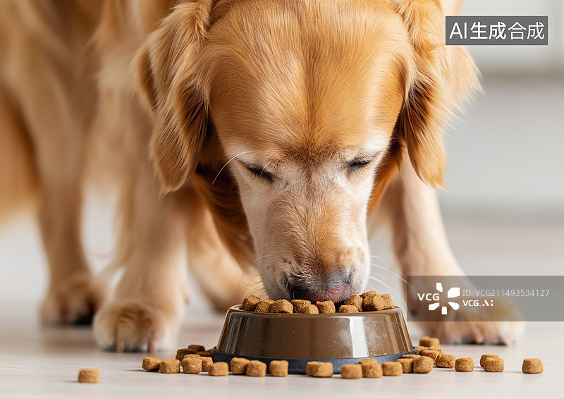 【AI数字艺术】一只金毛寻回犬正在吃狗粮图片素材