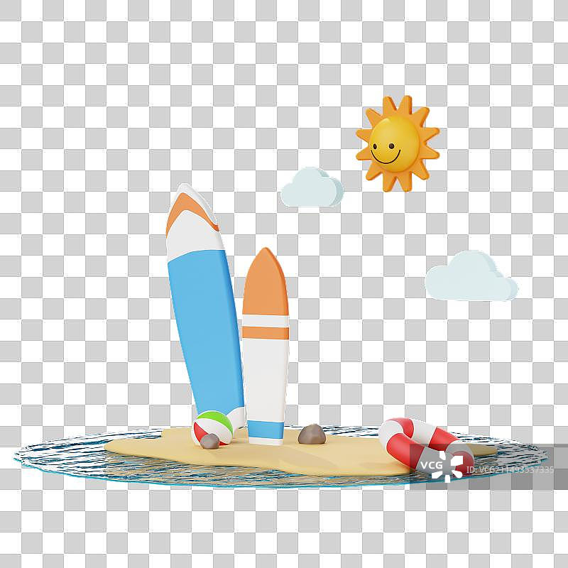 3D立体沙滩大海游泳圈沙滩球冲浪板小场景插画免抠元素图片素材