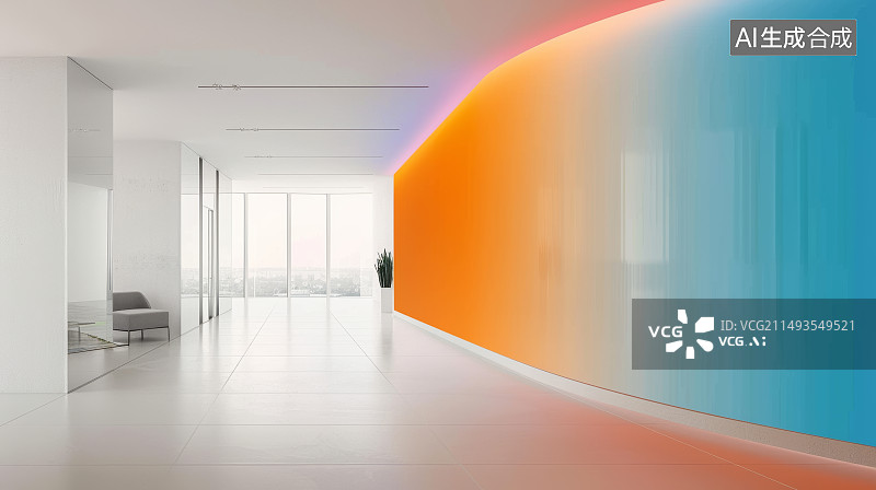 【AI数字艺术】带有彩色隔断的现代房间内景图片素材