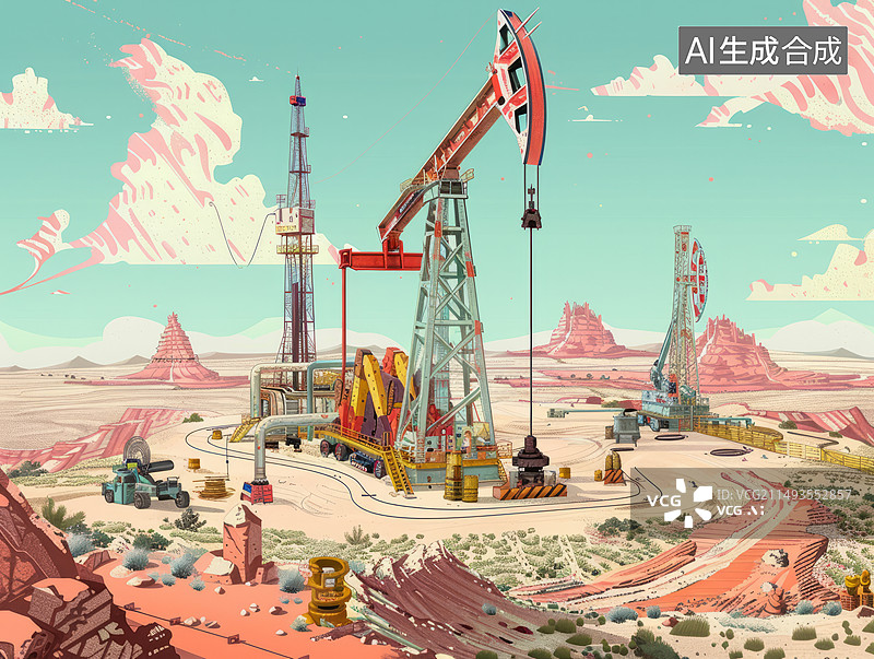 【AI数字艺术】工业油井抽油机插画图片素材