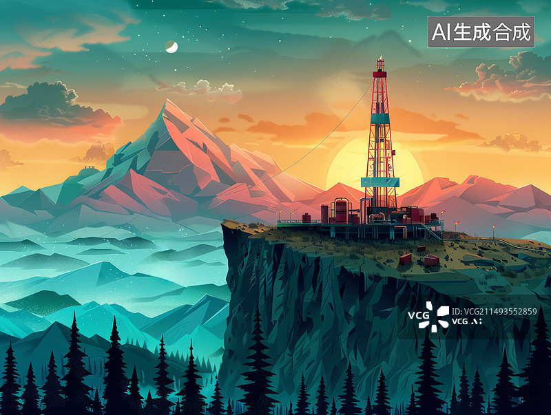 【AI数字艺术】工业油井抽油机插画图片素材
