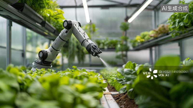 【AI数字艺术】机器人正在给温室植物喷洒农药图片素材