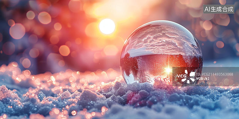 【AI数字艺术】在雪地上拍摄的日落水晶球图片素材