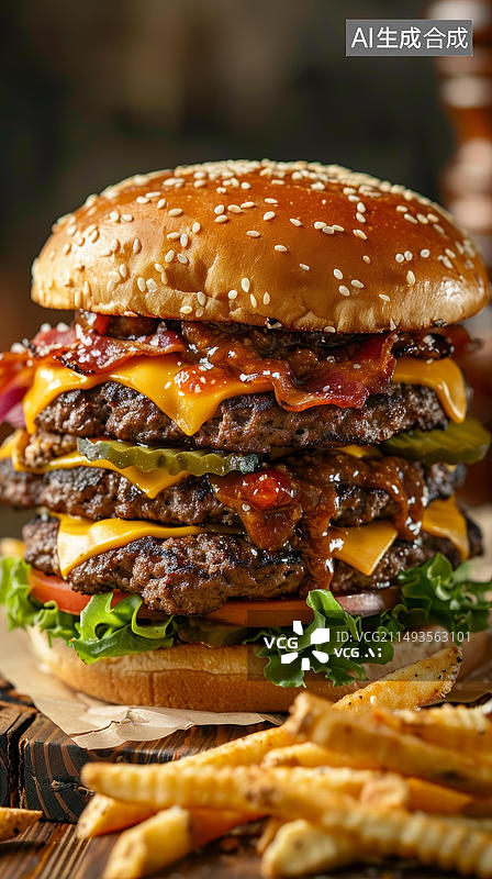 【AI数字艺术】令人垂涎欲滴的三层芝士培根汉堡和薯条图片素材
