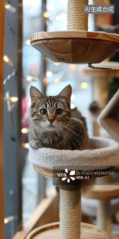 【AI数字艺术】一只可爱的小猫坐在猫爬架上图片素材