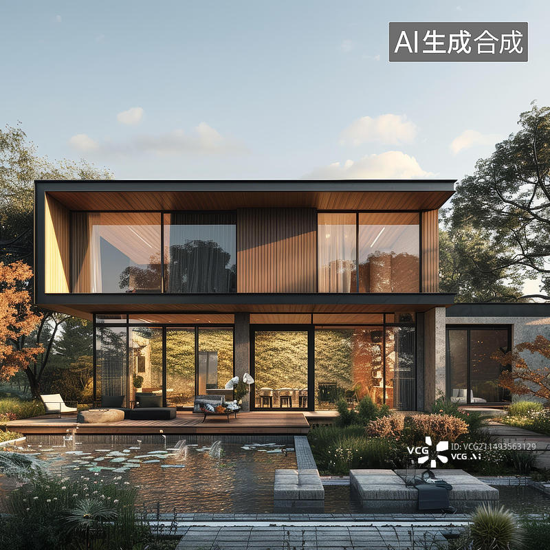 【AI数字艺术】现代住宅外观设计带游泳池和花园图片素材
