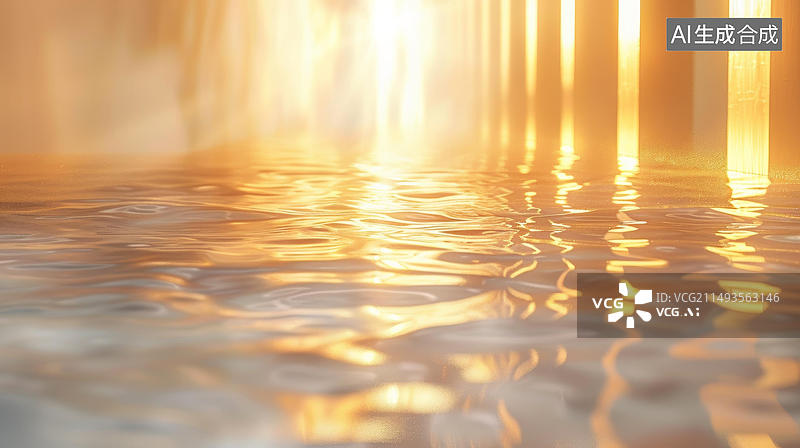 【AI数字艺术】金色水面波光粼粼倒映着明亮的光芒图片素材