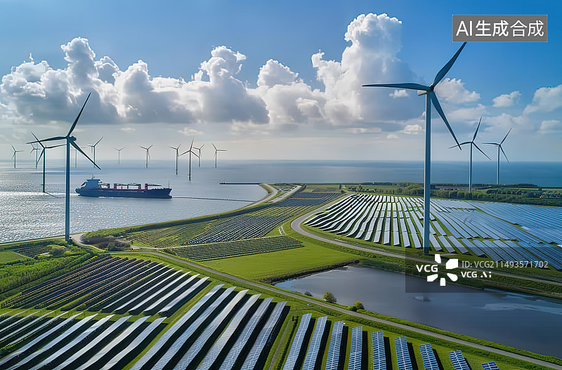 【AI数字艺术】太阳能和风力发电站航拍图图片素材