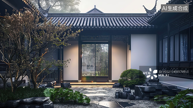 【AI数字艺术】中式园林的庭院图片素材