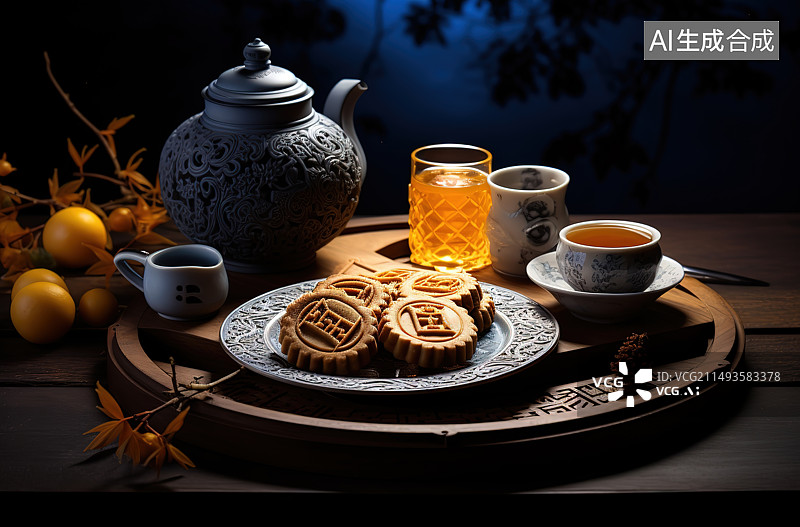 【AI数字艺术】月饼与中式茶杯图片素材