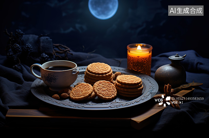 【AI数字艺术】月饼与干花特写图片素材