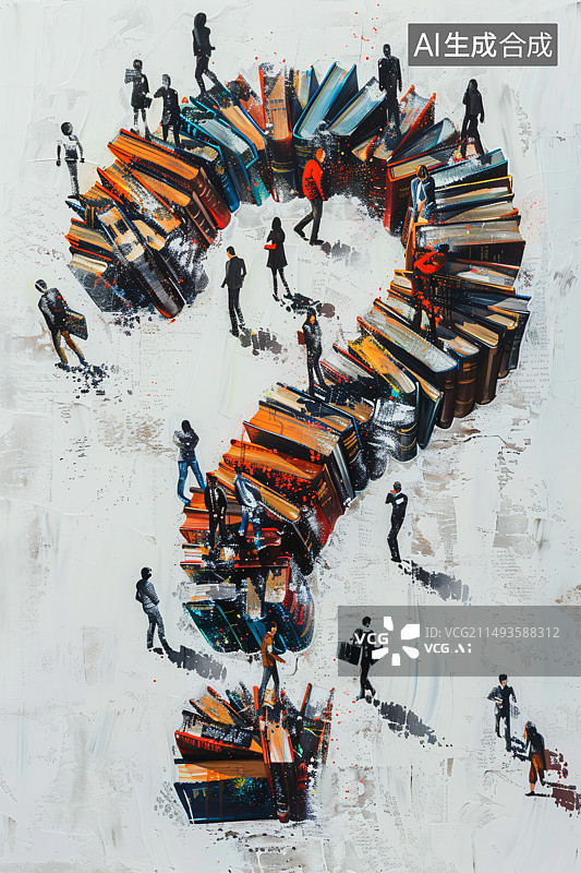 【AI数字艺术】书籍堆积起来的一个问号图片素材