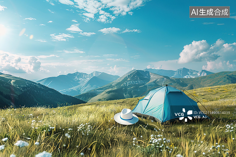 【AI数字艺术】夏季高山草地下的帐篷和一顶草帽——露营概念图片素材