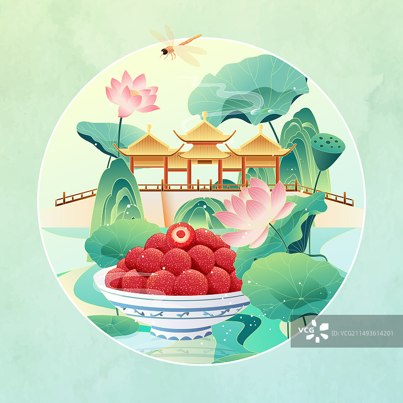 国风节气立夏荷花美景地标建筑矢量插画图片素材