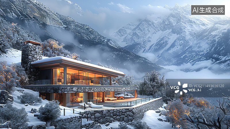 【AI数字艺术】冬天大雪山谷山峰木屋自然风光图片素材