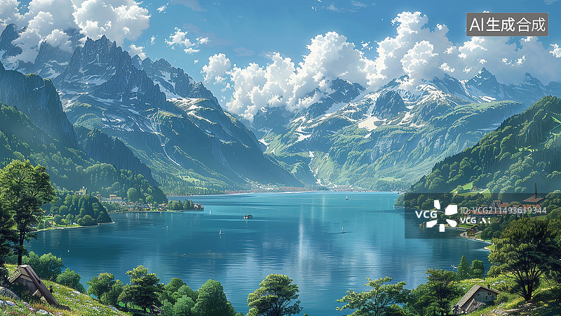 【AI数字艺术】吉卜力动漫风格山谷湖水高山云植物自然风光图片素材