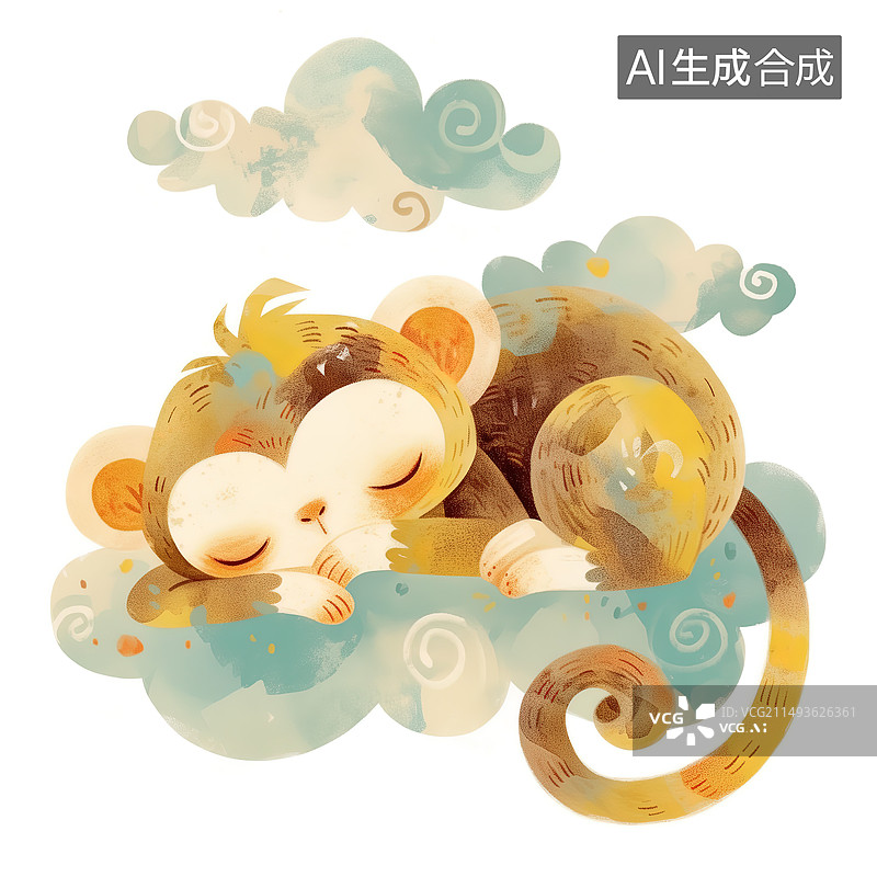 【AI数字艺术】猴，可爱，祥云，手绘，唐卡风，生肖动物图片素材