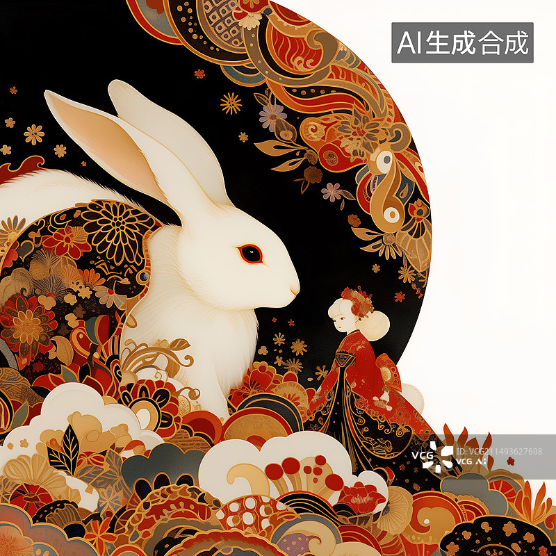 【AI数字艺术】手绘，多彩，兔子，唐卡风，可爱，童趣，儿童故事图片素材