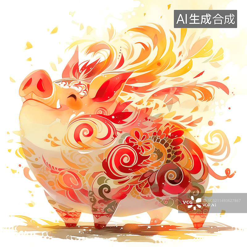 【AI数字艺术】手绘，多彩，唐卡风，猪，生肖动物，儿童故事书图片素材