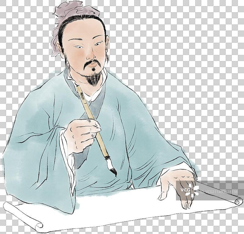 手提毛笔铺开宣纸张写字画画的中年古代学子读书人元素图片素材