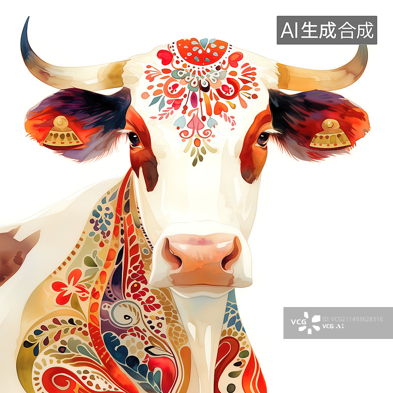 【AI数字艺术】手绘，西藏唐卡风，牛，多彩，庄重图片素材
