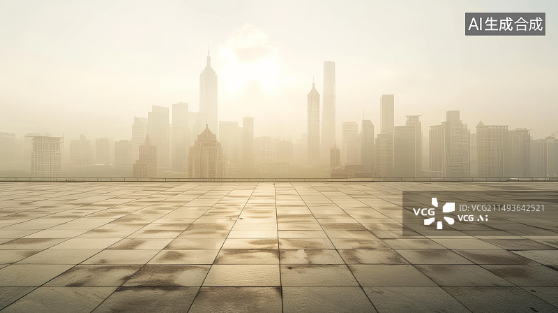 【AI数字艺术】空方形地板有城市天际线背景、市政中心现代化、日出、鸟瞰图、市政风格图片素材
