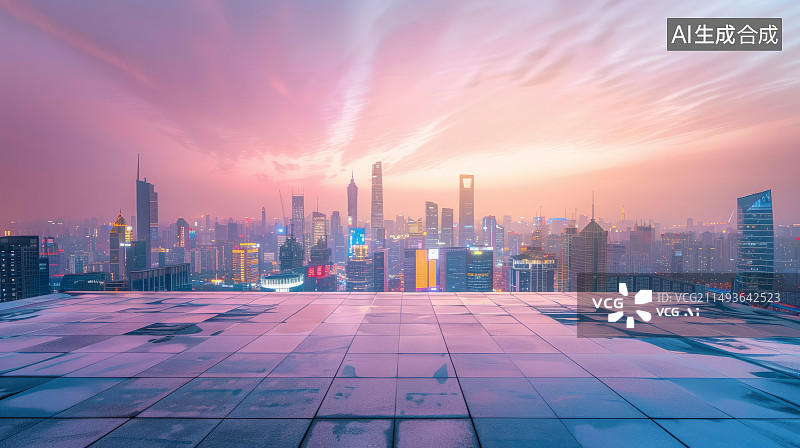 【AI数字艺术】空方形地板有城市天际线背景、市政中心现代化、日出、鸟瞰图、市政风格图片素材