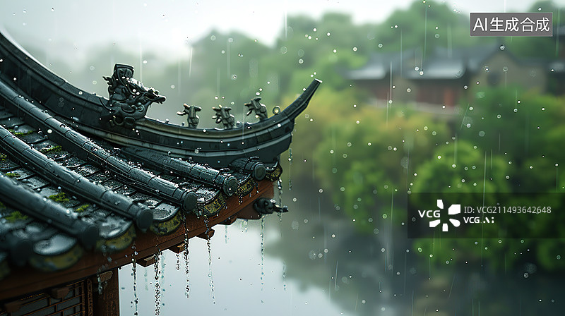 【AI数字艺术】江南雨天的中式屋檐3D微缩景观模型图片素材